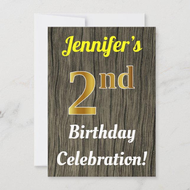 Invitation Faux Wood, Faux Gold 2e anniversaire (Devant)