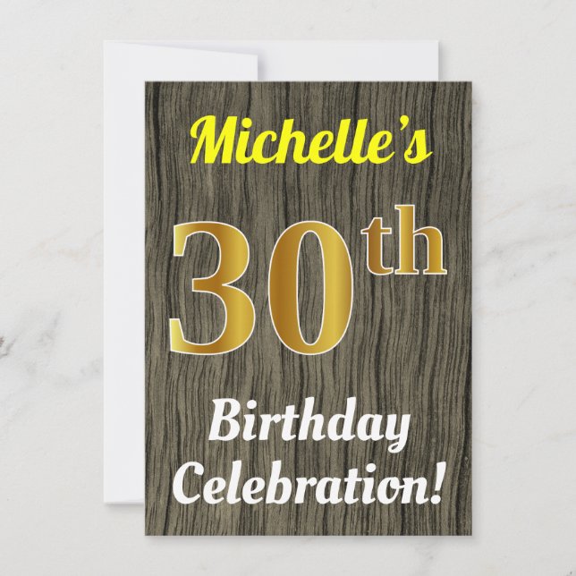 Invitation Faux Wood, Faux Gold 30th Birthday Celebration (Devant)