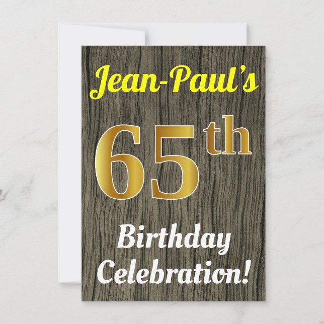 Invitation Faux Wood, Faux Gold 65e anniversaire (Devant)