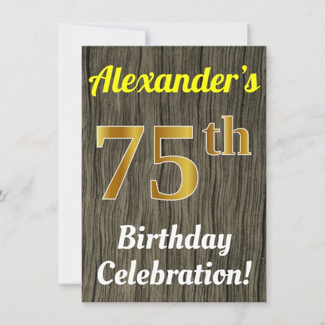 Invitation Faux Wood, Faux Gold 75e anniversaire (Devant)