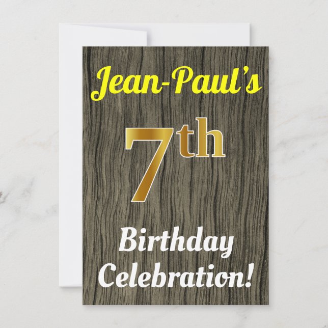 Invitation Faux Wood, Faux Gold 7e anniversaire (Devant)