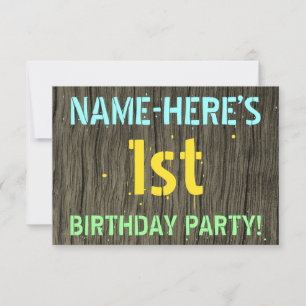 Invitation Faux Wood, Peint Texte Look, 1er Anniversaire + No