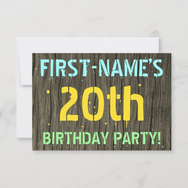 Invitation Faux Wood, Peint Texte Look, 20e anniversaire + No (Devant)