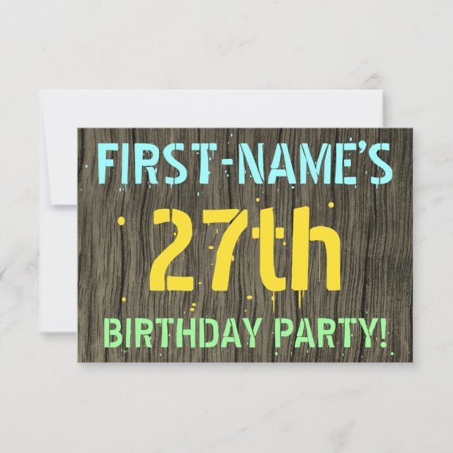 Invitation Faux Wood, Peint Texte Look, 27e anniversaire + No (Devant)