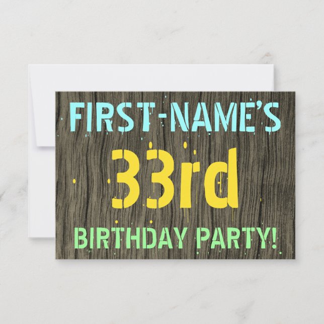 Invitation Faux Wood, Peint Texte Look, 33ème anniversaire +  (Devant)