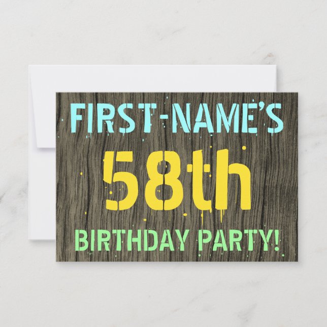 Invitation Faux Wood, Peint Texte Look, 58e anniversaire + No (Devant)