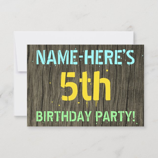 Invitation Faux Wood, Peint Texte Look, 5e anniversaire + Nom (Devant)