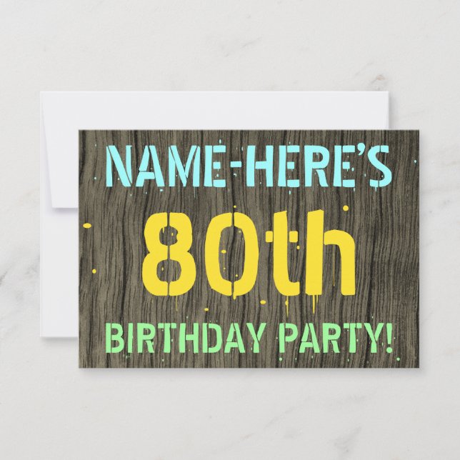 Invitation Faux Wood, Peint Texte Look, 80e anniversaire + No (Devant)