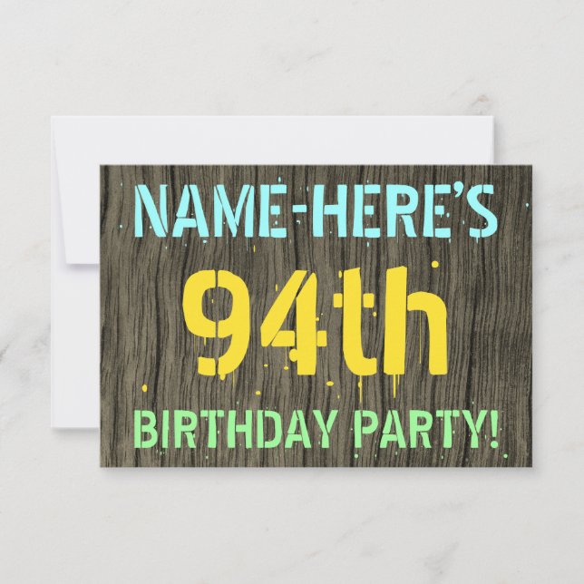 Invitation Faux Wood, Peint Texte Look, 94e anniversaire + No (Devant)