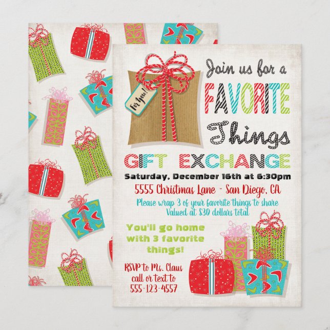 Invitation Favoris Noël Échange de cadeaux de Noël (Devant / Derrière)