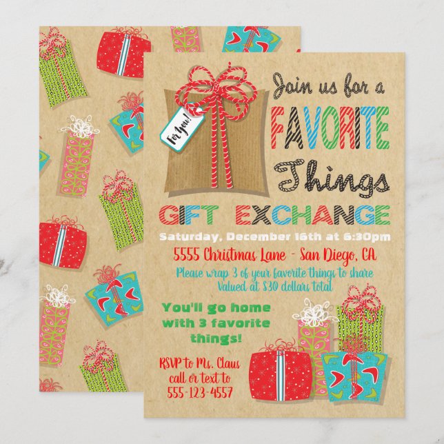 Invitation Favoris Noël Échange de cadeaux de Noël (Devant / Derrière)