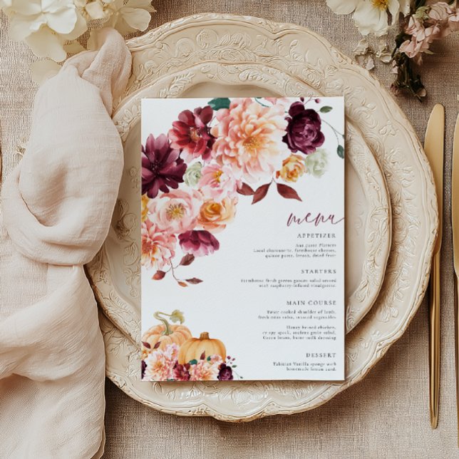 Invitation Faye Burgundy Fall Floral Menu (Créateur téléchargé)