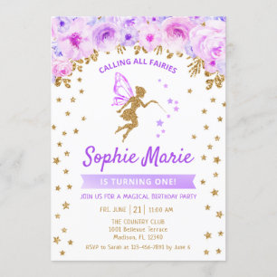 Invitation Fée 1er anniversaire - Gold Purple