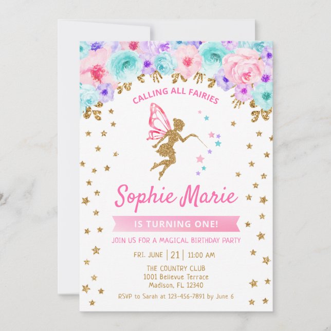 Invitation Fée 1er Anniversaire - Gold Turquoise violet rose (Devant)
