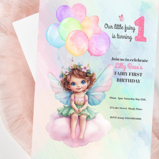 Invitation Fée 1er anniversaire Invitation, Fée sur un nuage (Fairy First Birthday Invitation featuring a sweet pastel coloured fairy on a cloud)