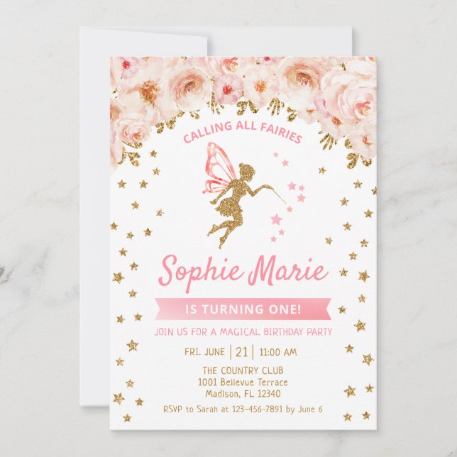 Invitation Fée 1er anniversaire - Rose or (Devant)