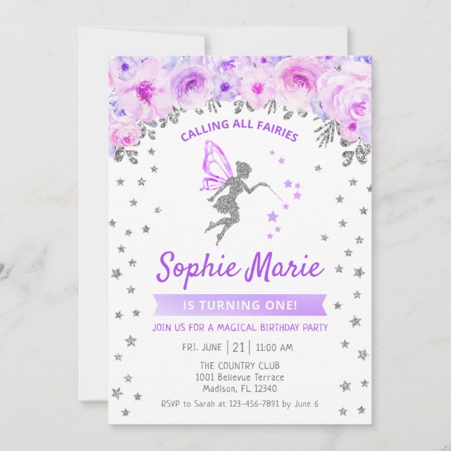 Invitation Fée 1er anniversaire - Silver Purple (Devant)
