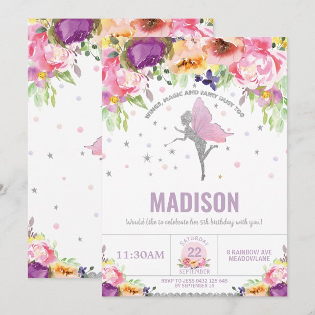 Invitation Fée Anniversaire violet rose Parties scintillant f (Devant / Derrière)