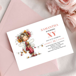 Invitation Fée Capricieuse 5ème Anniversaire Floral Rose