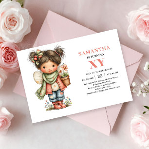 Invitation Fée Capricieuse Fille Anniversaire Floral Rose Blu