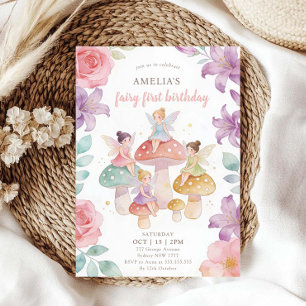Invitation Fée champignon florale pastel pour premier 1er ann