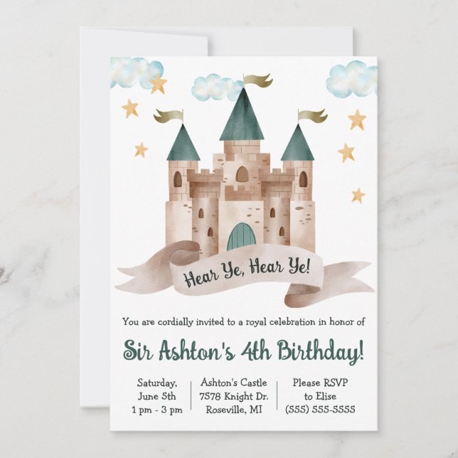 Invitation Fée, Château, Chevalier, Fête d'anniversaire à thè (Devant)