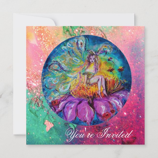 Invitation FÉE DANS LA NUIT rose vert bleu jaune scintille (Devant)