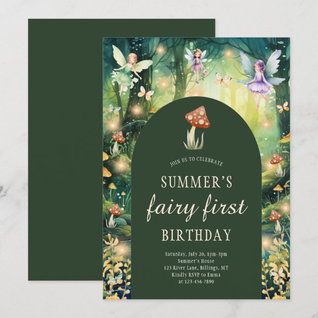 Invitation Fée de forêt enchantée Première fête d'anniversair (Devant / Derrière)