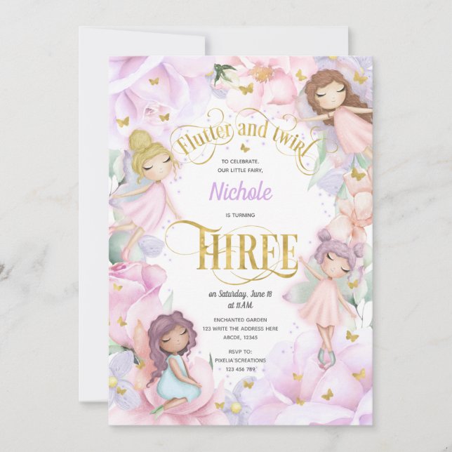 Invitation Fée de jardin avec fleur violet rose, 3e anniversa (Devant)