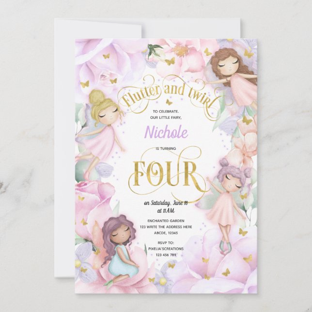 Invitation Fée de jardin enchantée, fille 4 anniversaire invi (Devant)