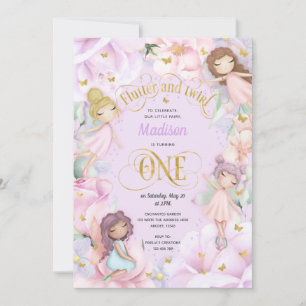 Invitation Fée de jardin enchantée, fleurs violettes roses In