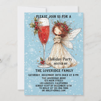 Invitation Fée de Noël vintage Bleu Fête de vacances d'hiver