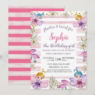 Invitation Fée de premier anniversaire princesse rose et or