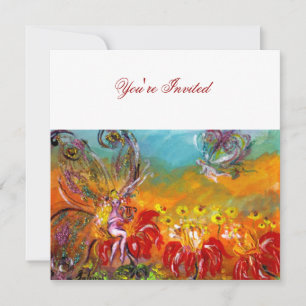 Invitation FÉE DES FLEURS ROUGES Fantaisie Florale Fête d'Été