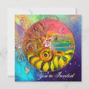 Invitation FÉE DES TOURNESOLS jaune bleu rose scintillement