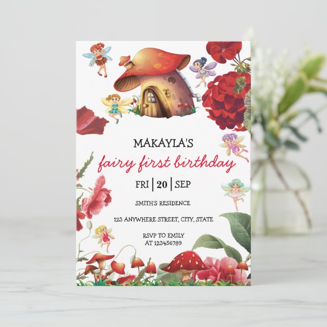 Invitation Fée Fée Champagne rouge Floral Girl Anniversaire (Debout devant)