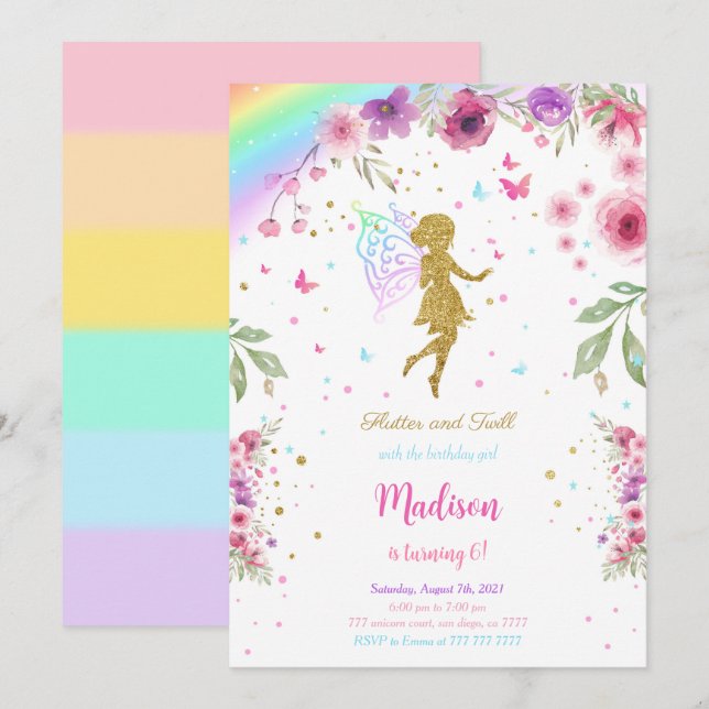 Invitation Fée fête d'anniversaire (Devant / Derrière)