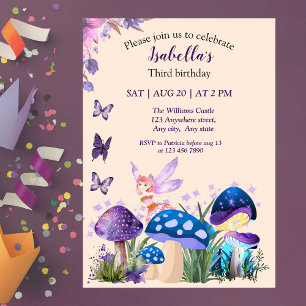 Invitation Fée Fille Champignon Violet Papillon Anniversaire