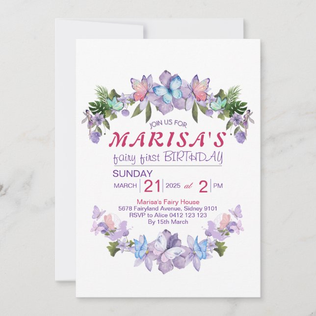 Invitation Fée Fleur de Printemps Pastel pour 1er Anniversair (Devant)