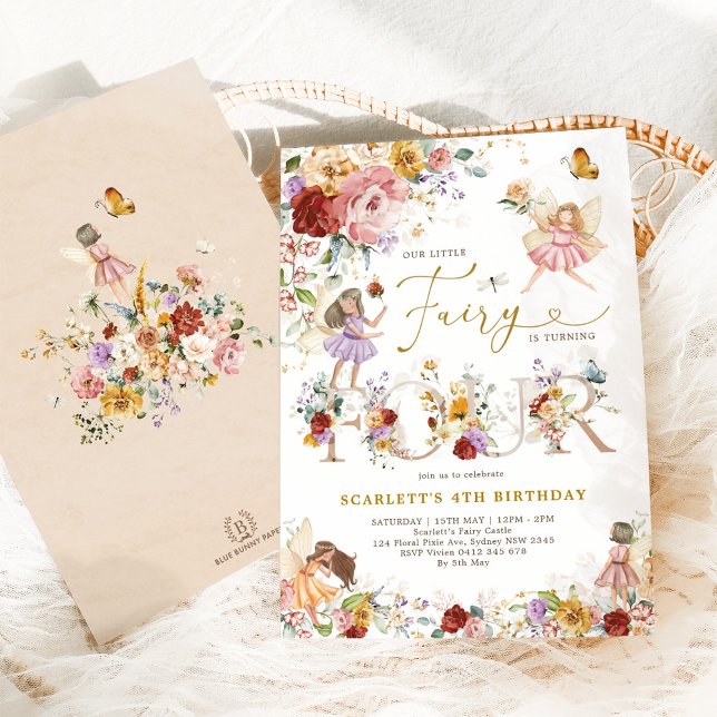 Invitation Fée Fleur sauvage colorée Princesse 4e anniversair (Créateur téléchargé)