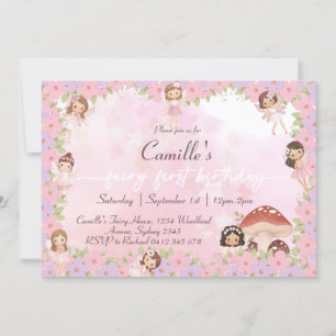 Invitation Fée florale rose blanc 1er anniversaire