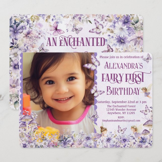 Invitation Fée Florale Violet Premier anniversaire photo (Devant / Derrière)