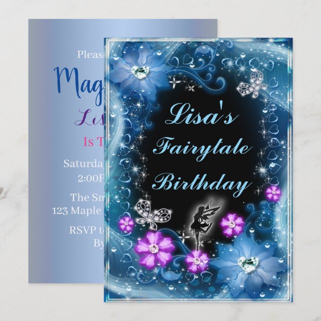 Invitation Fée Magique Et Papillons Bleu Floral Anniversaire (Devant / Derrière)