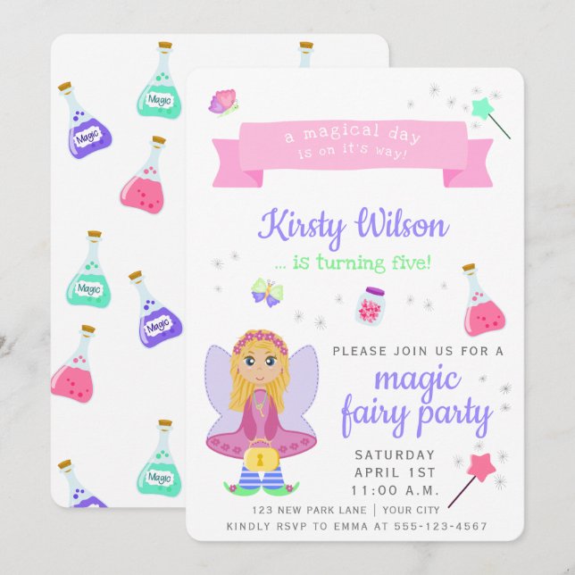Invitation Fée magique | Fête de l'anniversaire de la fille (Devant / Derrière)