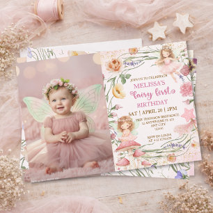 Invitation Fée Magique Florale Rose Première Anniversaire Pho