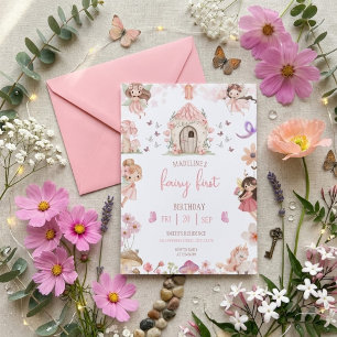 Invitation Fée Premier Anniversaire Forêt Aquarelle Champigno