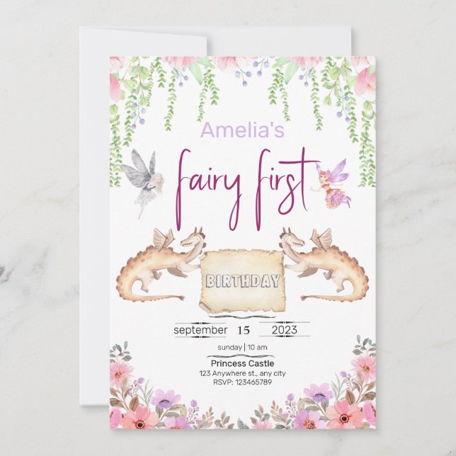 Invitation Fée Premier Anniversaire Princesse Floral Aquarell (Devant)