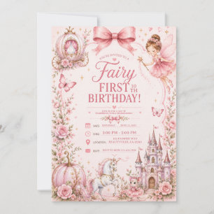 Invitation fée premier anniversaire rose