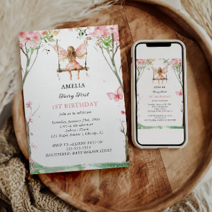 Invitation Fée Premier Aquarelle Fleurs Filles 1er Anniversai