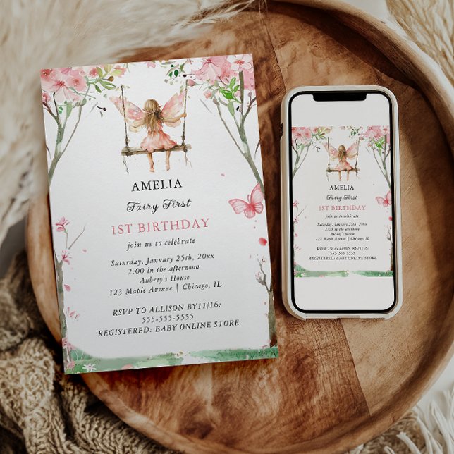 Invitation Fée Premier Aquarelle Fleurs Filles 1er Anniversai (Créateur téléchargé)